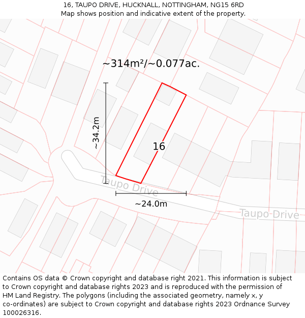 16, TAUPO DRIVE, HUCKNALL, NOTTINGHAM, NG15 6RD: Plot and title map
