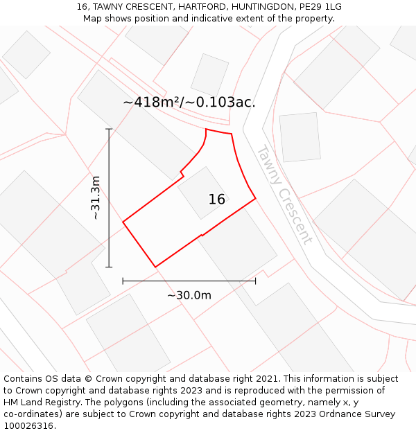 16, TAWNY CRESCENT, HARTFORD, HUNTINGDON, PE29 1LG: Plot and title map