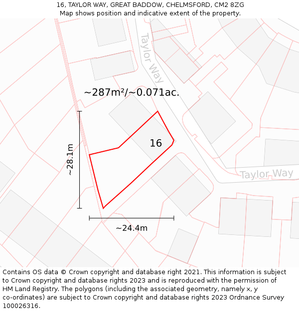 16, TAYLOR WAY, GREAT BADDOW, CHELMSFORD, CM2 8ZG: Plot and title map