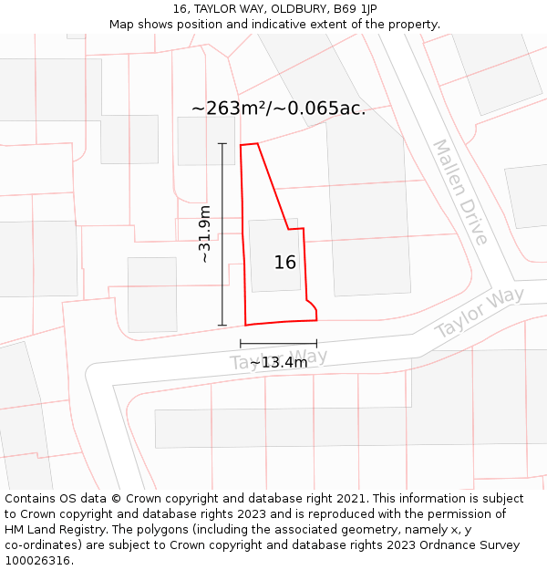 16, TAYLOR WAY, OLDBURY, B69 1JP: Plot and title map
