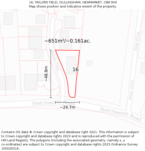 16, TAYLORS FIELD, DULLINGHAM, NEWMARKET, CB8 9XS: Plot and title map