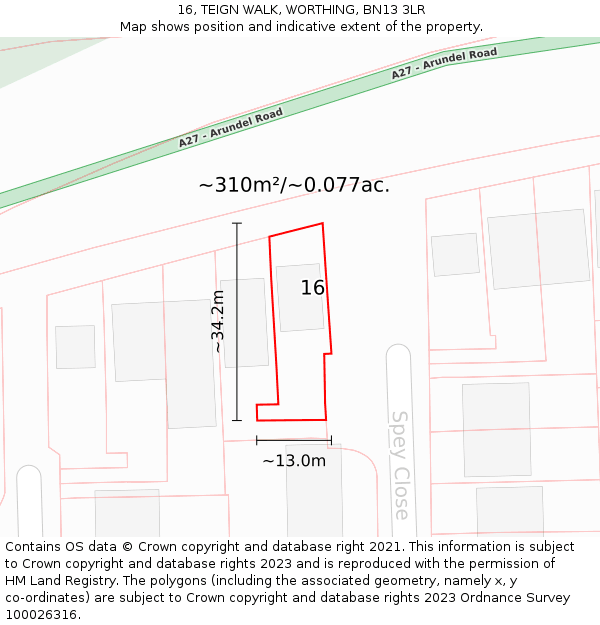16, TEIGN WALK, WORTHING, BN13 3LR: Plot and title map
