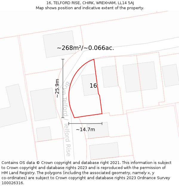 16, TELFORD RISE, CHIRK, WREXHAM, LL14 5AJ: Plot and title map