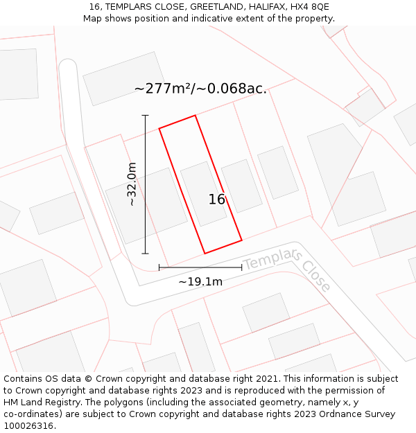 16, TEMPLARS CLOSE, GREETLAND, HALIFAX, HX4 8QE: Plot and title map