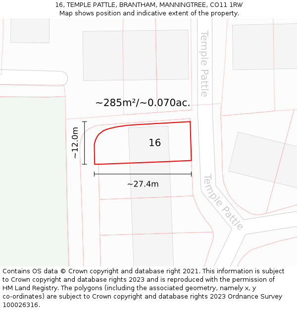 16, TEMPLE PATTLE, BRANTHAM, MANNINGTREE, CO11 1RW: Plot and title map