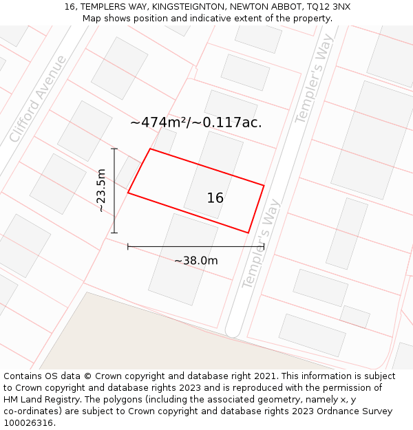 16, TEMPLERS WAY, KINGSTEIGNTON, NEWTON ABBOT, TQ12 3NX: Plot and title map