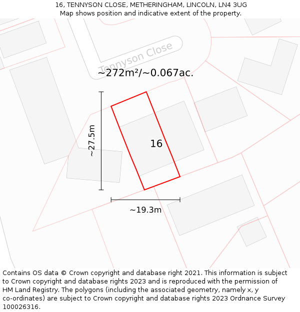 16, TENNYSON CLOSE, METHERINGHAM, LINCOLN, LN4 3UG: Plot and title map