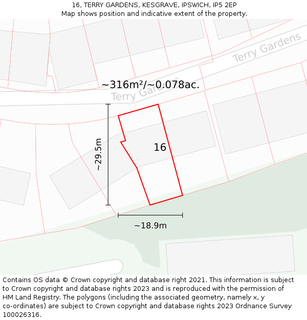 16, TERRY GARDENS, KESGRAVE, IPSWICH, IP5 2EP: Plot and title map