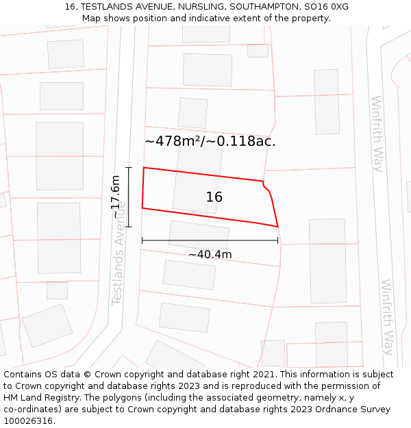 16, TESTLANDS AVENUE, NURSLING, SOUTHAMPTON, SO16 0XG: Plot and title map