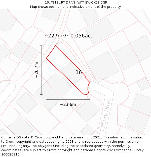 16, TETBURY DRIVE, WITNEY, OX28 5GF: Plot and title map