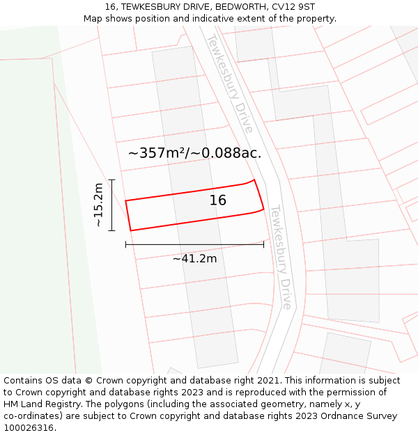 16, TEWKESBURY DRIVE, BEDWORTH, CV12 9ST: Plot and title map