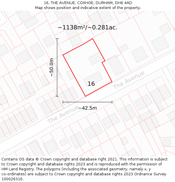 16, THE AVENUE, COXHOE, DURHAM, DH6 4AD: Plot and title map