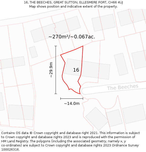 16, THE BEECHES, GREAT SUTTON, ELLESMERE PORT, CH66 4UJ: Plot and title map