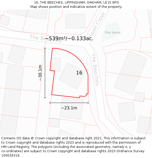 16, THE BEECHES, UPPINGHAM, OAKHAM, LE15 9PG: Plot and title map