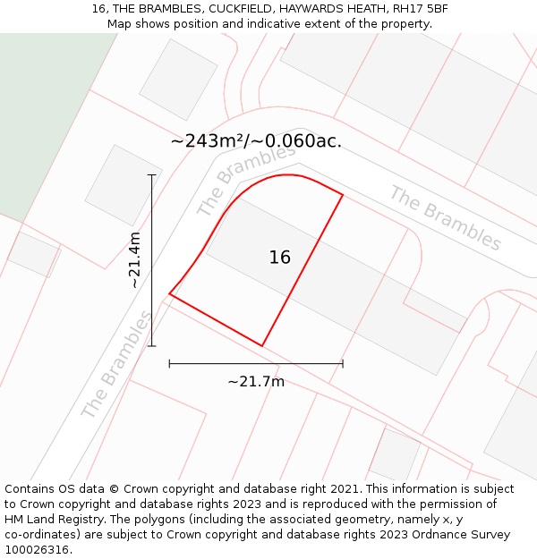 16, THE BRAMBLES, CUCKFIELD, HAYWARDS HEATH, RH17 5BF: Plot and title map