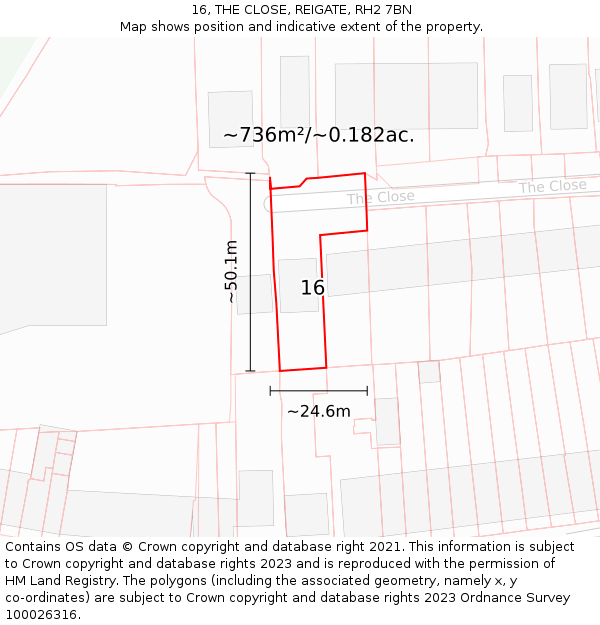 16, THE CLOSE, REIGATE, RH2 7BN: Plot and title map