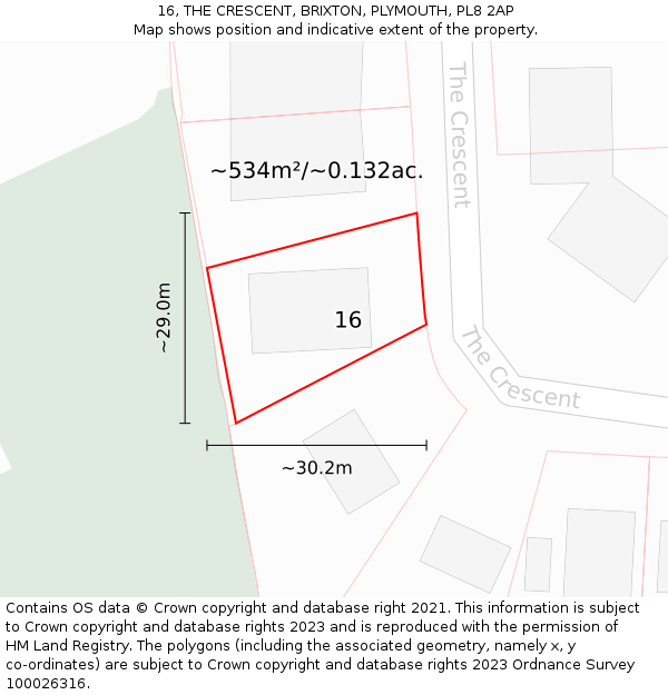 16, THE CRESCENT, BRIXTON, PLYMOUTH, PL8 2AP: Plot and title map