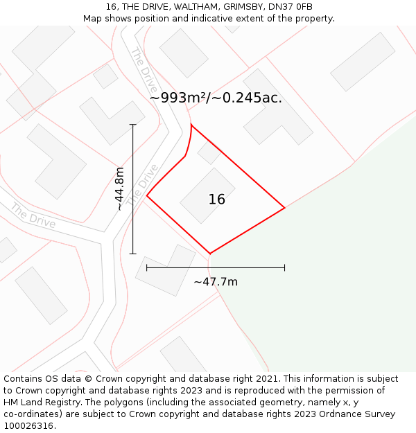 16, THE DRIVE, WALTHAM, GRIMSBY, DN37 0FB: Plot and title map