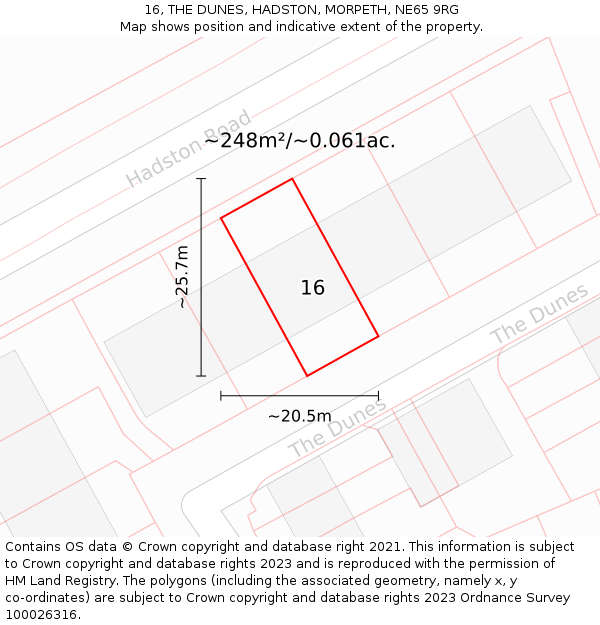 16, THE DUNES, HADSTON, MORPETH, NE65 9RG: Plot and title map