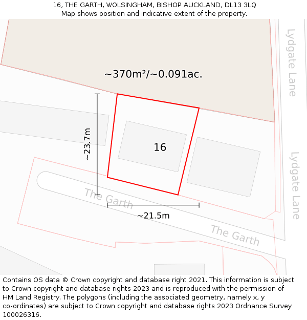 16, THE GARTH, WOLSINGHAM, BISHOP AUCKLAND, DL13 3LQ: Plot and title map