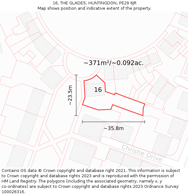 16, THE GLADES, HUNTINGDON, PE29 6JR: Plot and title map