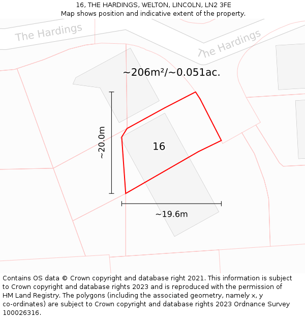 16, THE HARDINGS, WELTON, LINCOLN, LN2 3FE: Plot and title map