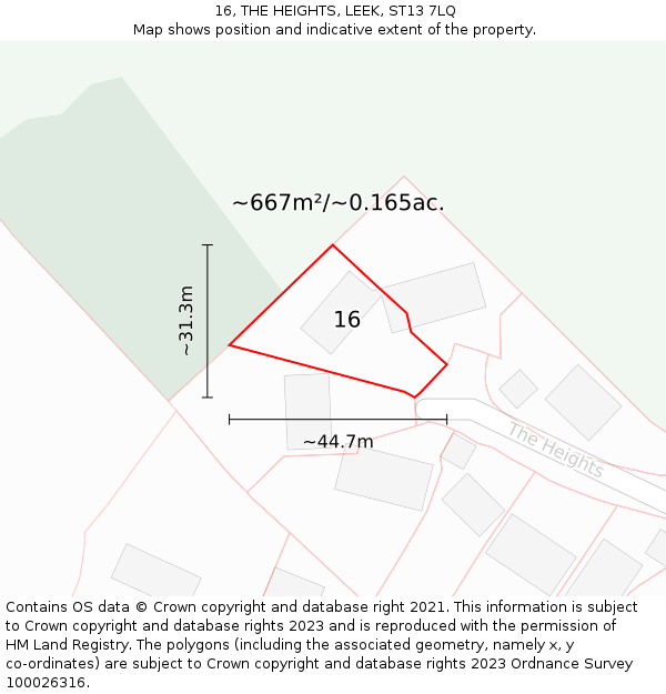16, THE HEIGHTS, LEEK, ST13 7LQ: Plot and title map