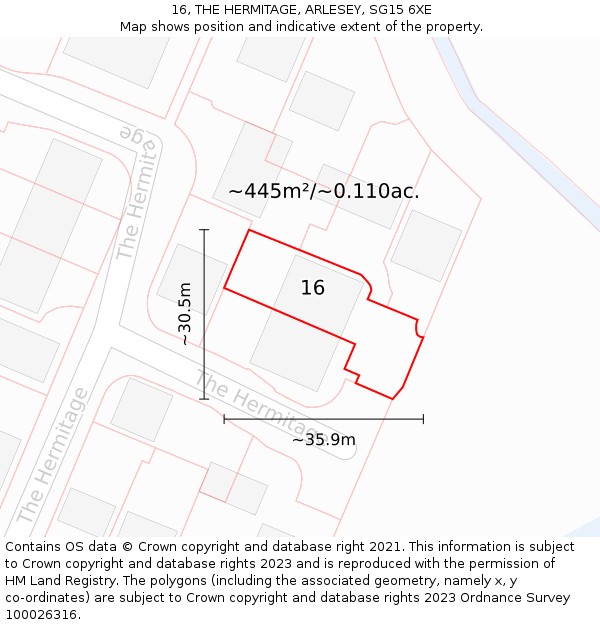 16, THE HERMITAGE, ARLESEY, SG15 6XE: Plot and title map