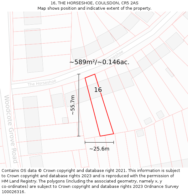 16, THE HORSESHOE, COULSDON, CR5 2AS: Plot and title map