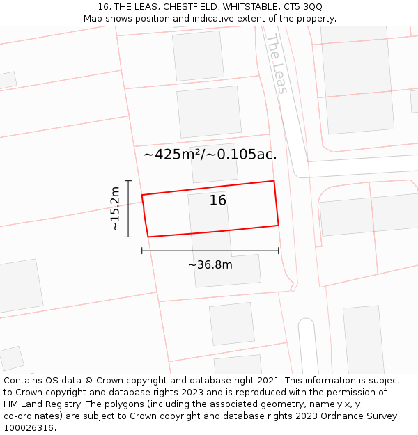 16, THE LEAS, CHESTFIELD, WHITSTABLE, CT5 3QQ: Plot and title map