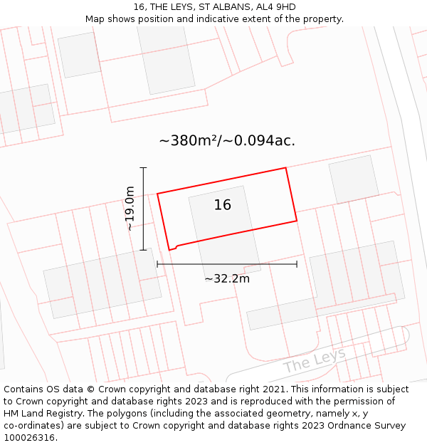 16, THE LEYS, ST ALBANS, AL4 9HD: Plot and title map