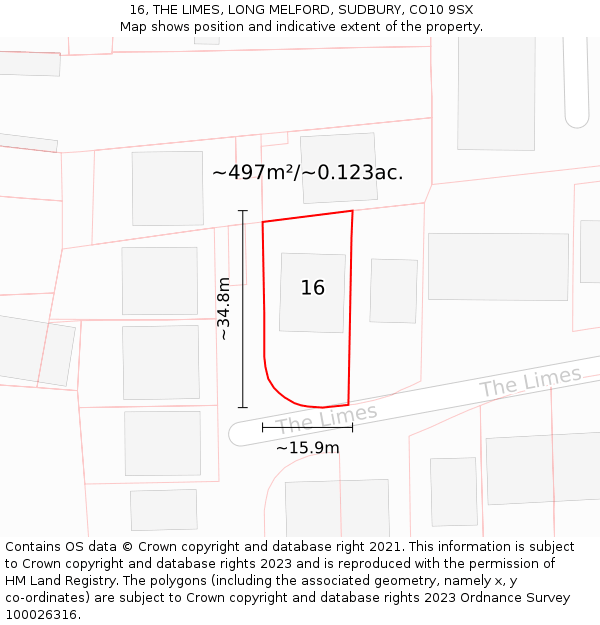16, THE LIMES, LONG MELFORD, SUDBURY, CO10 9SX: Plot and title map