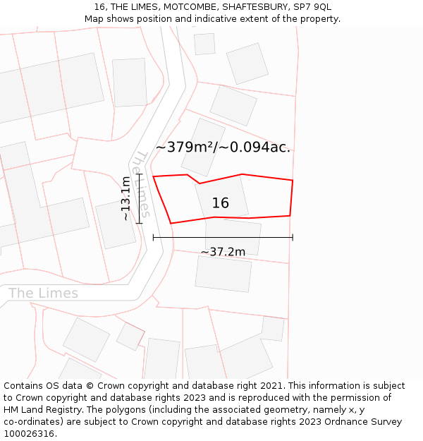 16, THE LIMES, MOTCOMBE, SHAFTESBURY, SP7 9QL: Plot and title map