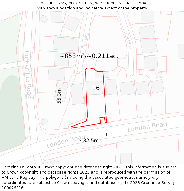 16, THE LINKS, ADDINGTON, WEST MALLING, ME19 5RX: Plot and title map