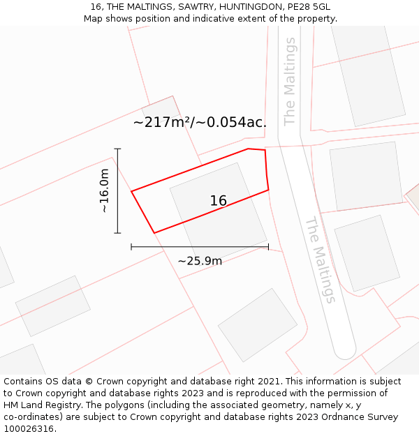 16, THE MALTINGS, SAWTRY, HUNTINGDON, PE28 5GL: Plot and title map