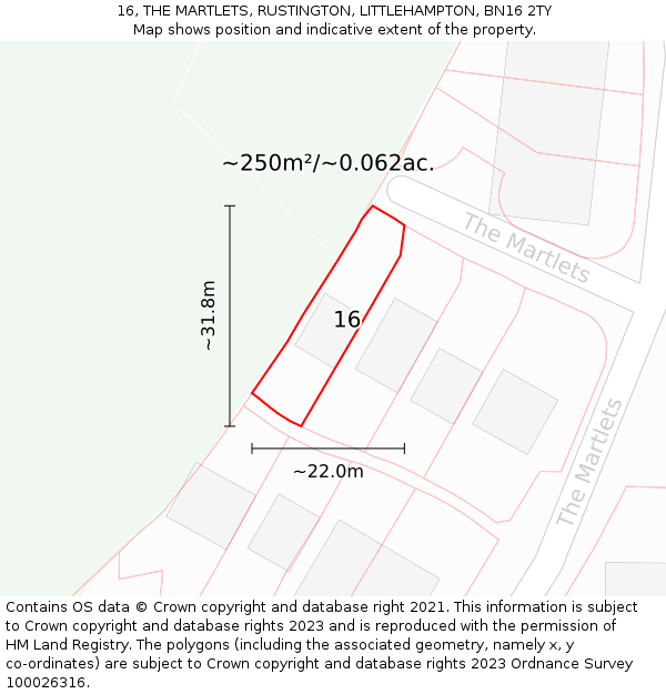 16, THE MARTLETS, RUSTINGTON, LITTLEHAMPTON, BN16 2TY: Plot and title map