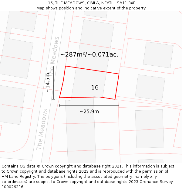 16, THE MEADOWS, CIMLA, NEATH, SA11 3XF: Plot and title map