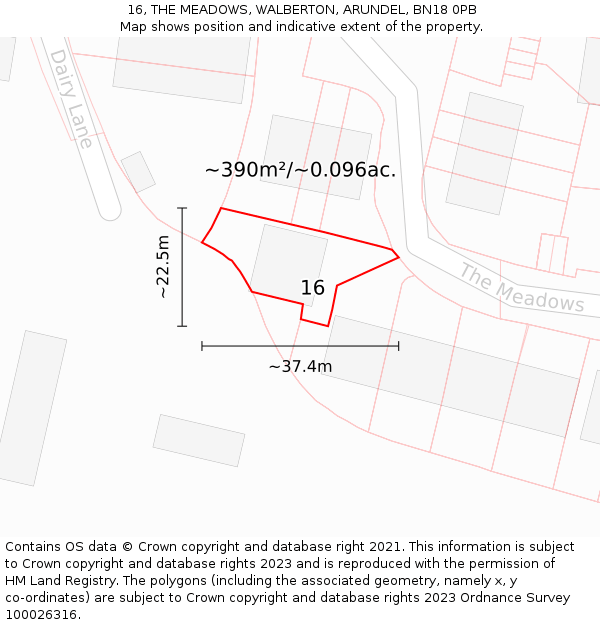 16, THE MEADOWS, WALBERTON, ARUNDEL, BN18 0PB: Plot and title map