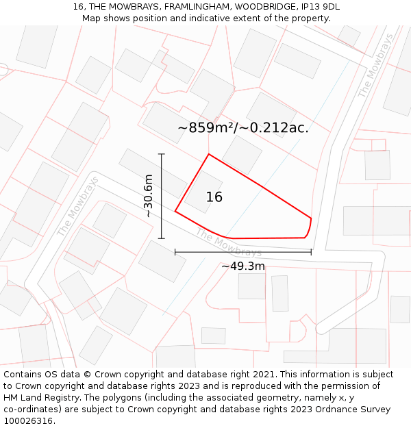16, THE MOWBRAYS, FRAMLINGHAM, WOODBRIDGE, IP13 9DL: Plot and title map