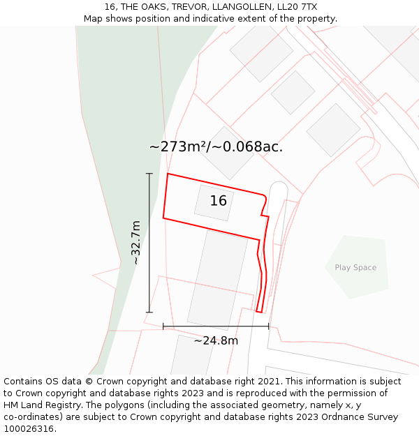 16, THE OAKS, TREVOR, LLANGOLLEN, LL20 7TX: Plot and title map
