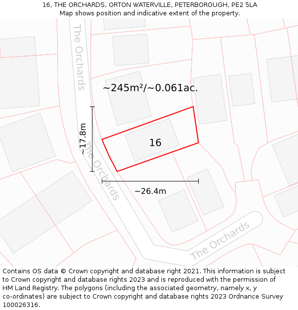 16, THE ORCHARDS, ORTON WATERVILLE, PETERBOROUGH, PE2 5LA: Plot and title map