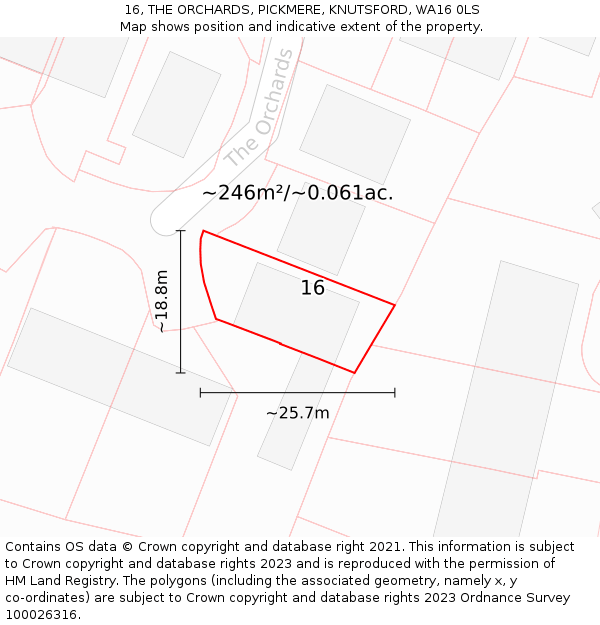 16, THE ORCHARDS, PICKMERE, KNUTSFORD, WA16 0LS: Plot and title map
