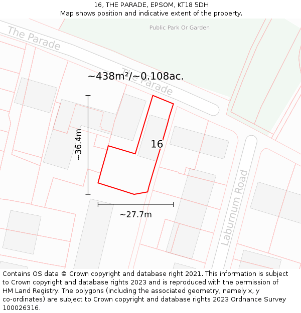 16, THE PARADE, EPSOM, KT18 5DH: Plot and title map