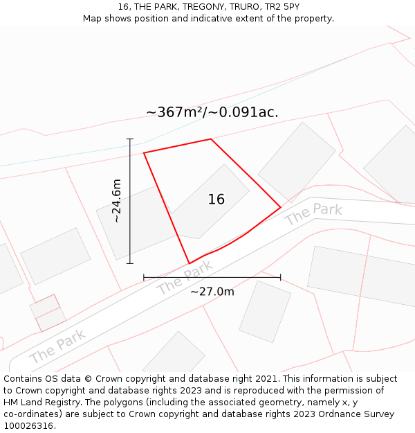 16, THE PARK, TREGONY, TRURO, TR2 5PY: Plot and title map