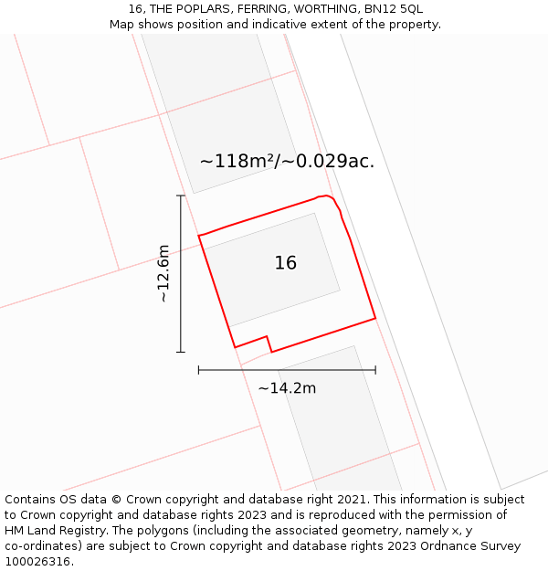 16, THE POPLARS, FERRING, WORTHING, BN12 5QL: Plot and title map