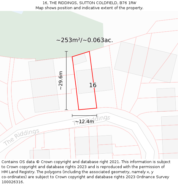 16, THE RIDDINGS, SUTTON COLDFIELD, B76 1RW: Plot and title map