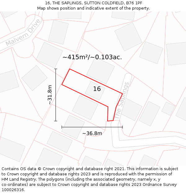 16, THE SAPLINGS, SUTTON COLDFIELD, B76 1PF: Plot and title map
