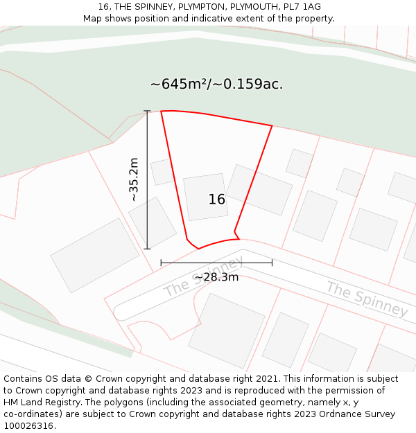 16, THE SPINNEY, PLYMPTON, PLYMOUTH, PL7 1AG: Plot and title map
