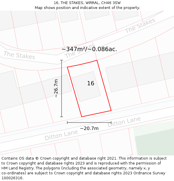 16, THE STAKES, WIRRAL, CH46 3SW: Plot and title map