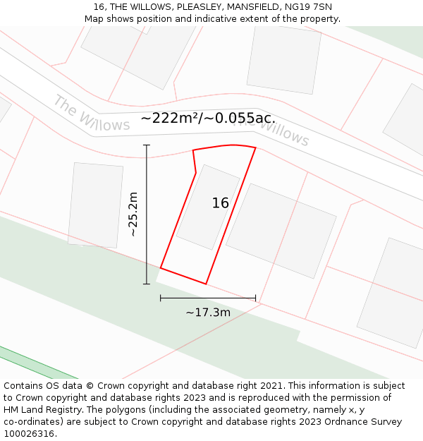 16, THE WILLOWS, PLEASLEY, MANSFIELD, NG19 7SN: Plot and title map